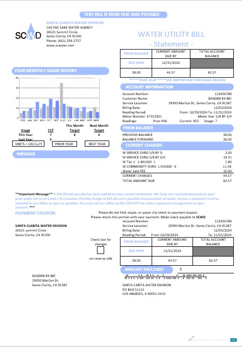 USA California Santa Clarita Water Division (SCWD) business utility bill template in Word and PDF formats